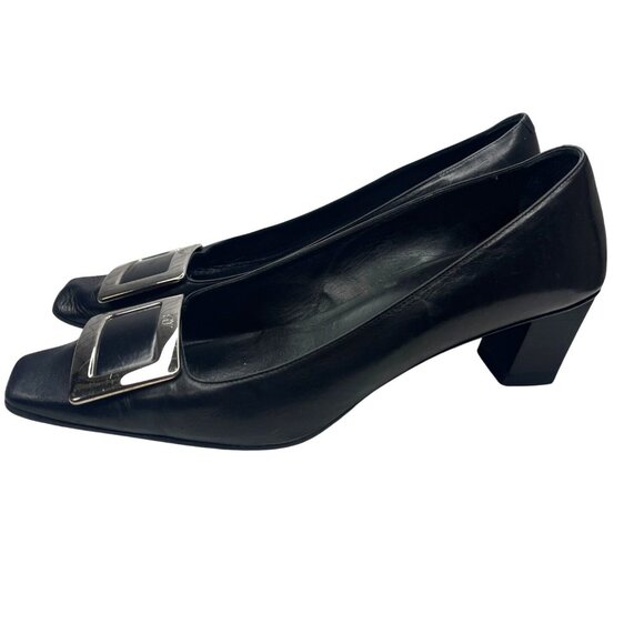 Roger Vivier Belle Vivier Buckle Pump Heels Leather  Black Block Heal Size 9.5 - Picture 3 of 12